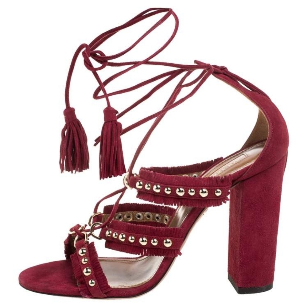 AQUAZZURA TULUM FRINGED STUDDED SUEDE HEELS 38